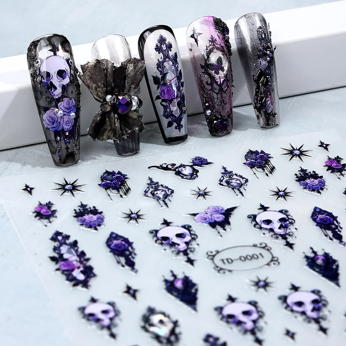 2pcs 3D Black Purple Halloween Nail Stickers Gothic Skull Rose Butterfly Nail Decals for Festival Nail Decor Manicure Sliders