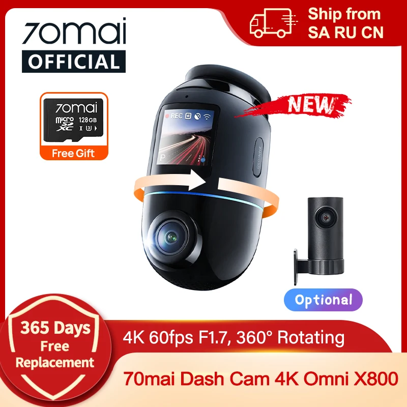 Versión global 70mai Dash Cam 4K Omni X800 HDR 360 °   Supercondensador giratorio compatible con 4G de doble canal 70mai X800 Omni