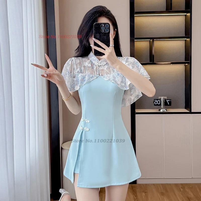 

2025 chinese improved cheongsam nightclub dress qipao national lace flower qipao dress+shorts set oriental hotel spa work dress