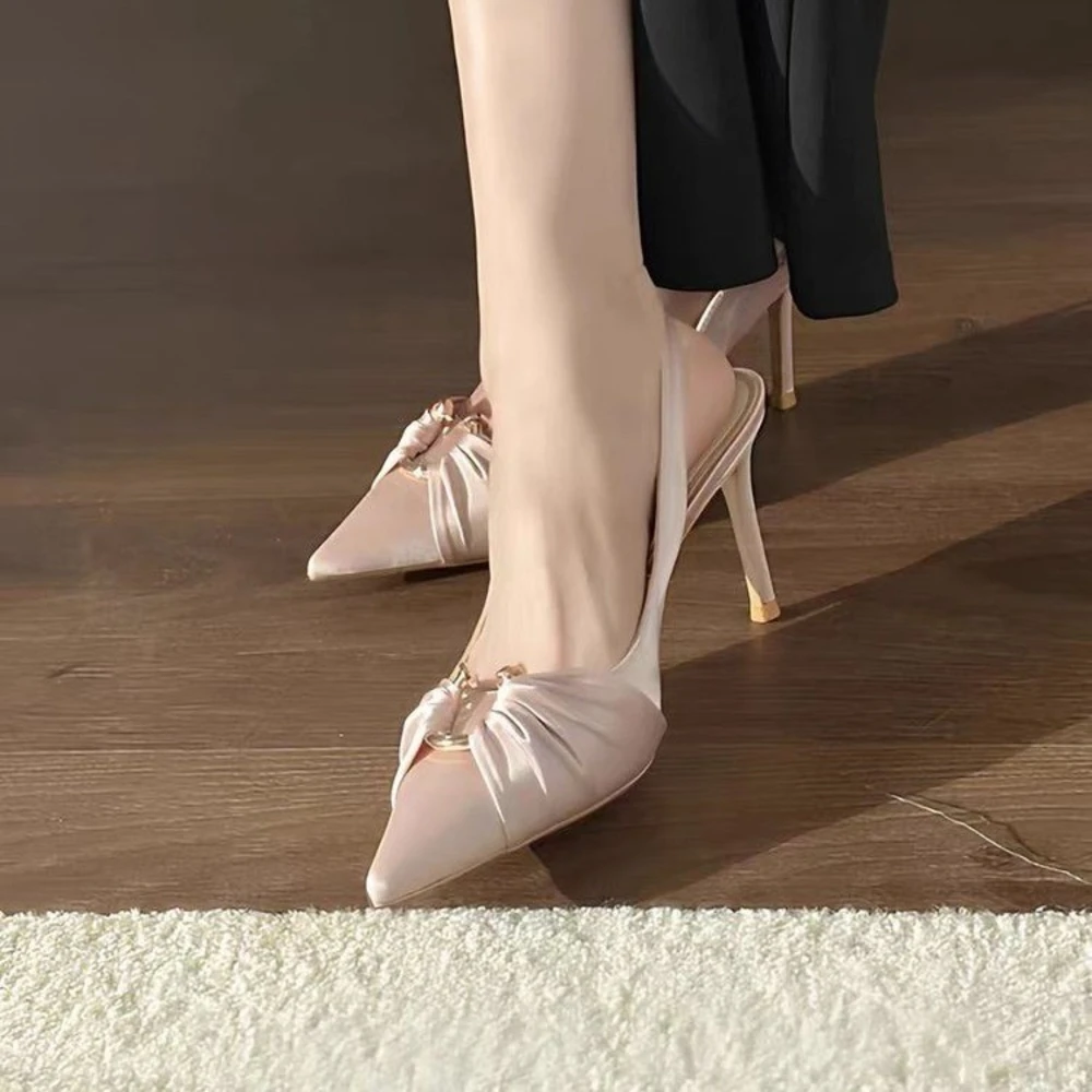 

2026 Summer New Sexy Pointed Toe Metal Buckle Purple Satin Single Band Ankle Strap Sandals High Heels Banquet Party Dress Shoes