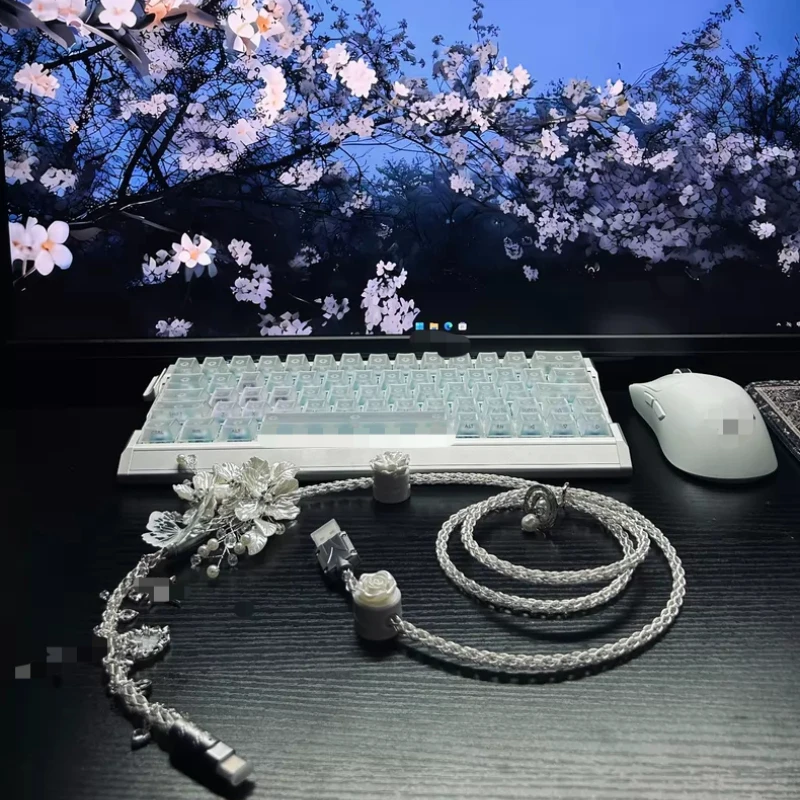 White Aviation Plug Cable Customized 8K Return Rate 1.3m Camellia Sinensis Line Illumination Date Cable Keyboard Accessories Diy