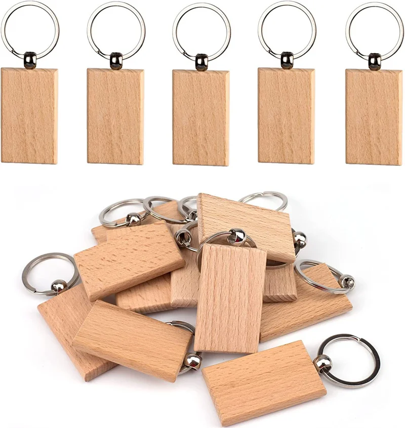 5Pcs Wooden Keychain Record Closure Rectangular Rectangle Engraving Blanks Key Ring Parts For DIY Best Gift Craft Ornaments