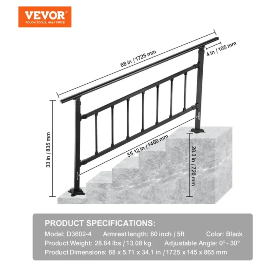 VEVOR Outdoor Handrail, for 1-5 Steps, Adjustable Iron Rail with Fence, Matte Black, with Installation Kit
