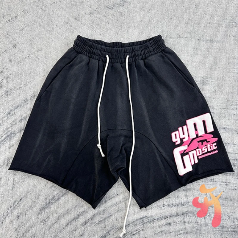 

Men Women Black Washed Drawstring Five Quarter Pants Cotton Casual Loose Rolled Edge Sports RRR123 Shorts