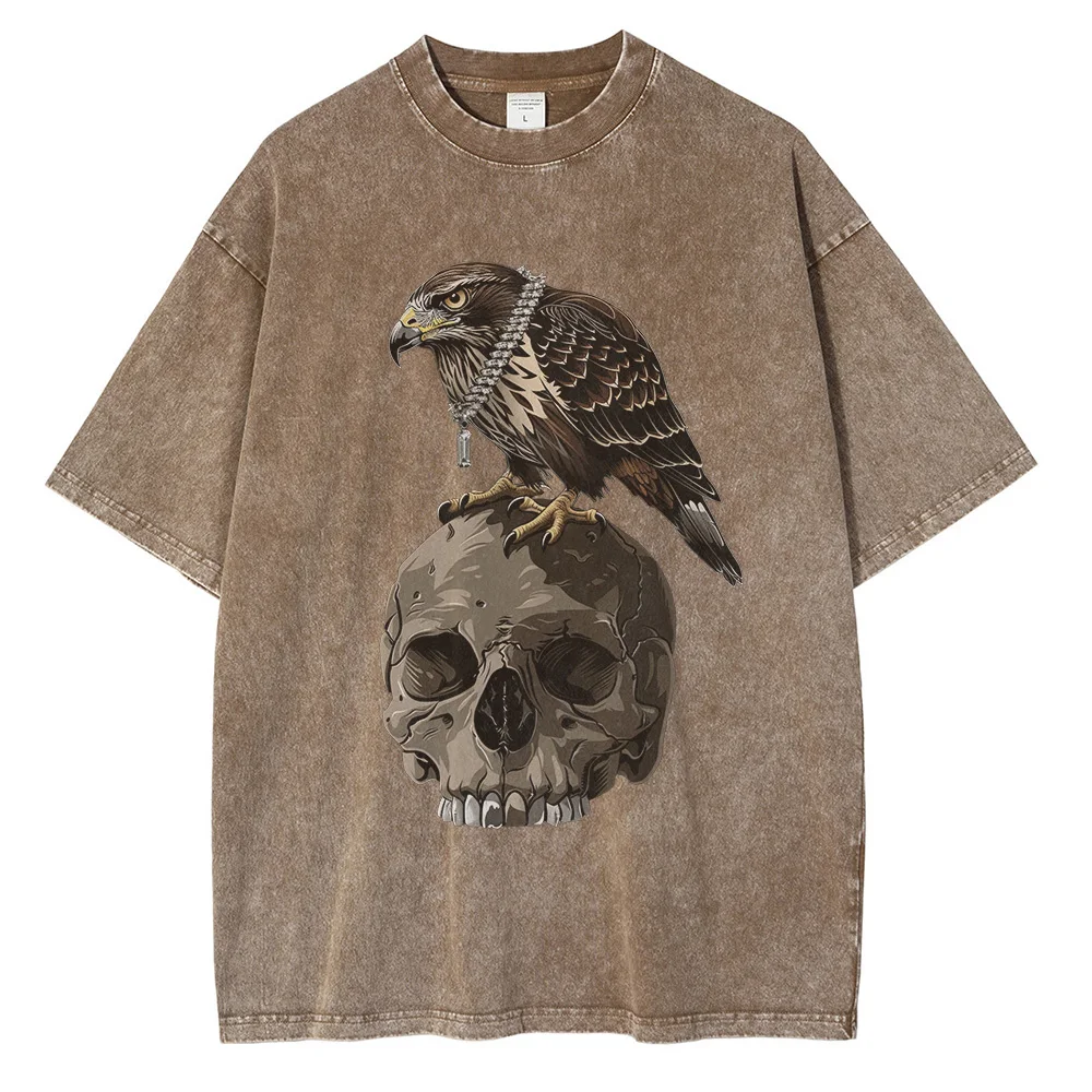 Heavy Cotton Washed T Shirt for Men Eagle on The Skull Printed Graphic T Shirts Drop Shoulder Vintage Oversized T Shirt