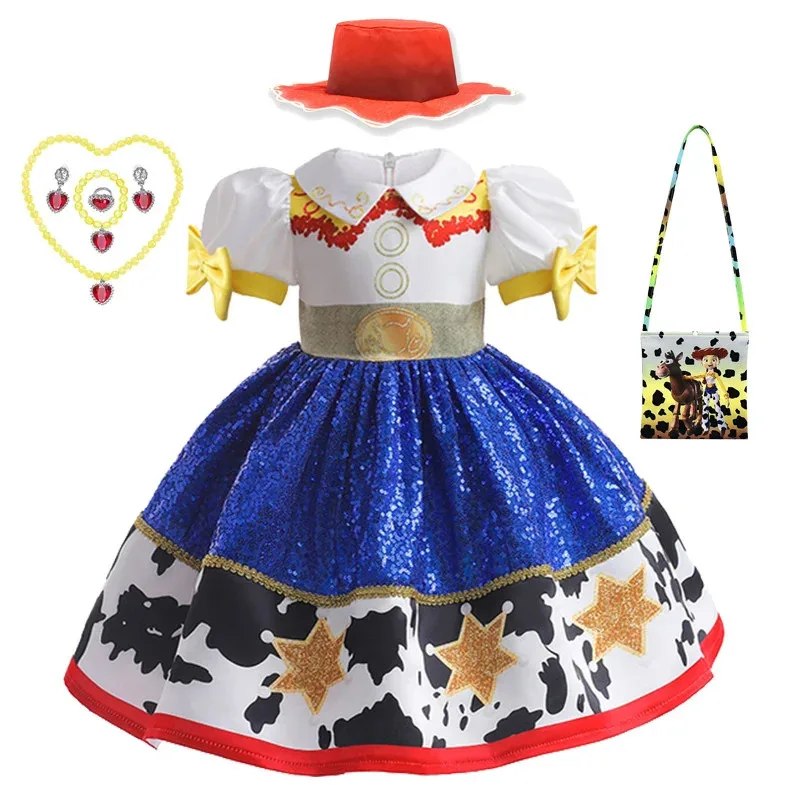 Purim Toy and Story 4 Jessie Cosplay Carnival Princess Dress Short sleeve Girls Costume With wig hat For Halloween Birthday Part