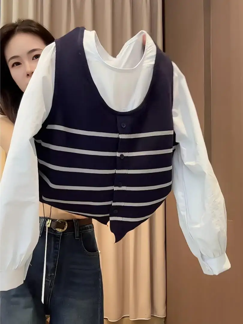 

Модная вязаная рубашка с круглым вырезом и полосками, с длинным рукавом, повседневная, весна-осень, женский топ, имитация двухслойности, в корейском стиле, свободный крой