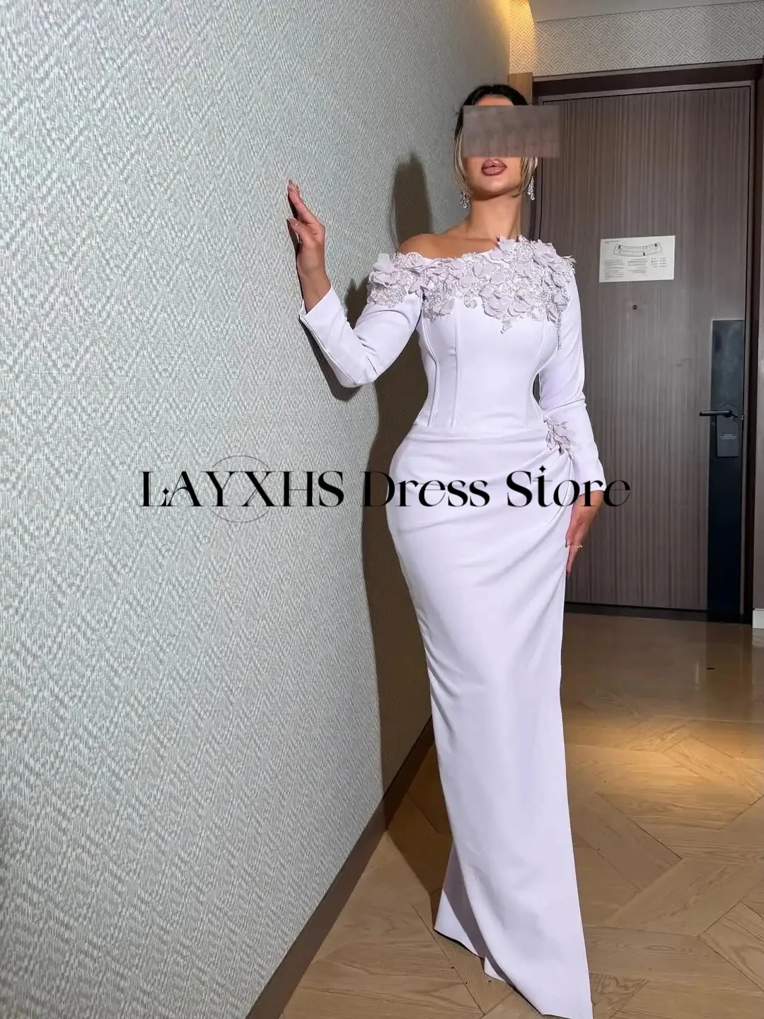 LAYXHS Abiti da sera eleganti monospalla Manica lunga Fiori con perline Abiti da ballo a sirena Abiti personalizzati