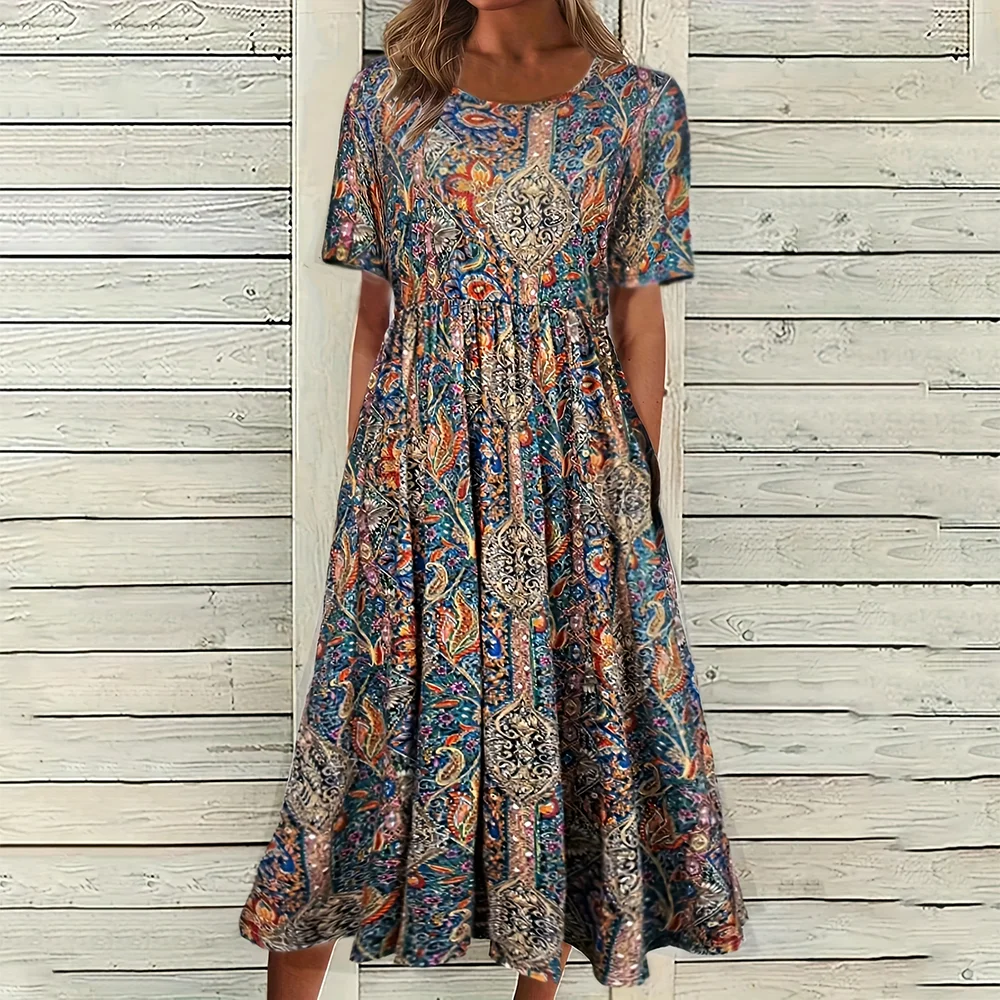 2026 Neuerscheinung Damen Bohemian Bedrucktes Maxikleid, Sommer Europäischer & Amerikanischer Stil, Rundhals Kurzarm