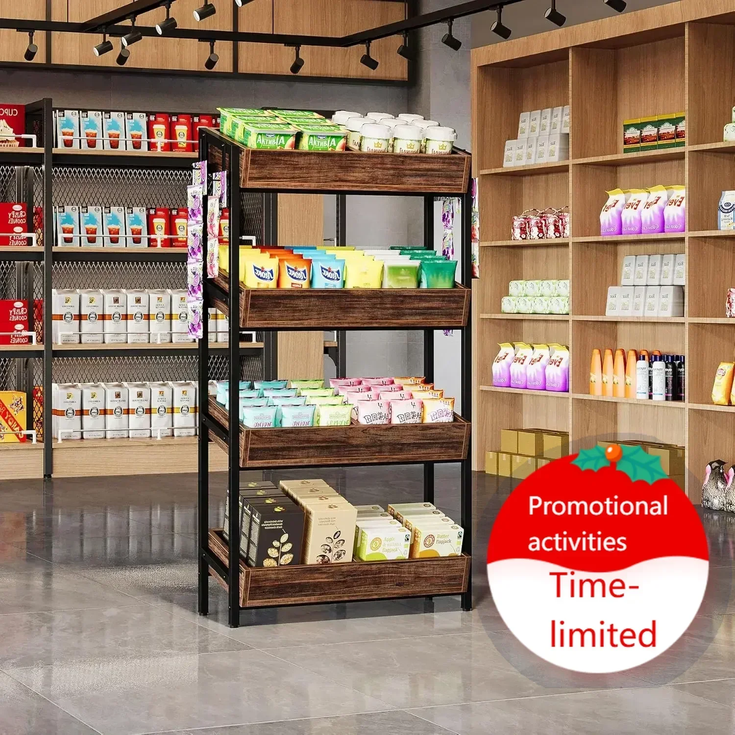 

Hot sales4-Tier Retail Display Rack,Wooden Snack Candy Stand, Concession Potato Chip Display Shelf,Storage Shelving Organizer,Me