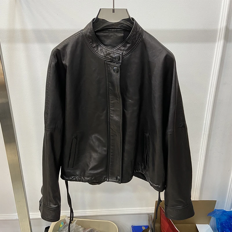 

Женская весенняя куртка из натуральной овечьей кожи простого дизайна, осеннее свободное пальто из натуральной кожи