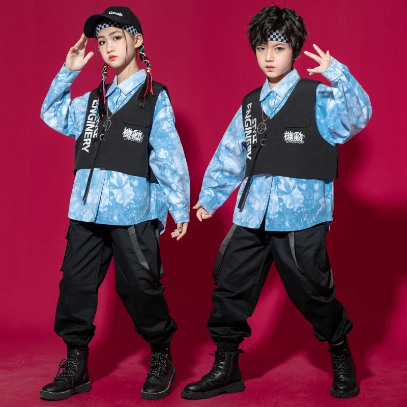 Kids Kpop Outfits Hip Hop Clothing Tie Dye Shirt Vest Streetwear Black Cargo Pants For Girl Boy Jazz Dance Costume Stage Wear