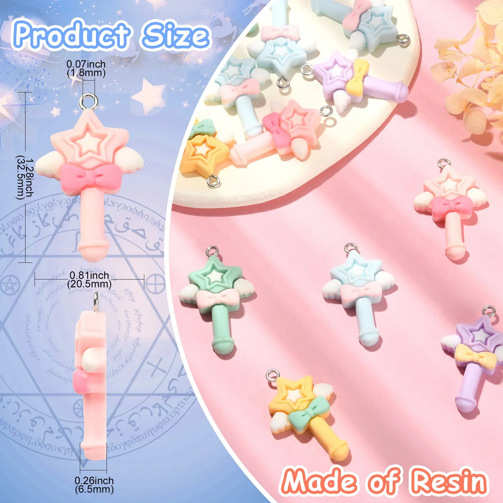 30Pcs 5 Colors Flatback Star Magic Stick Charms Opaque Flatback Charms Star with Bowknot Charms for DIY Jewelry Crafting Making