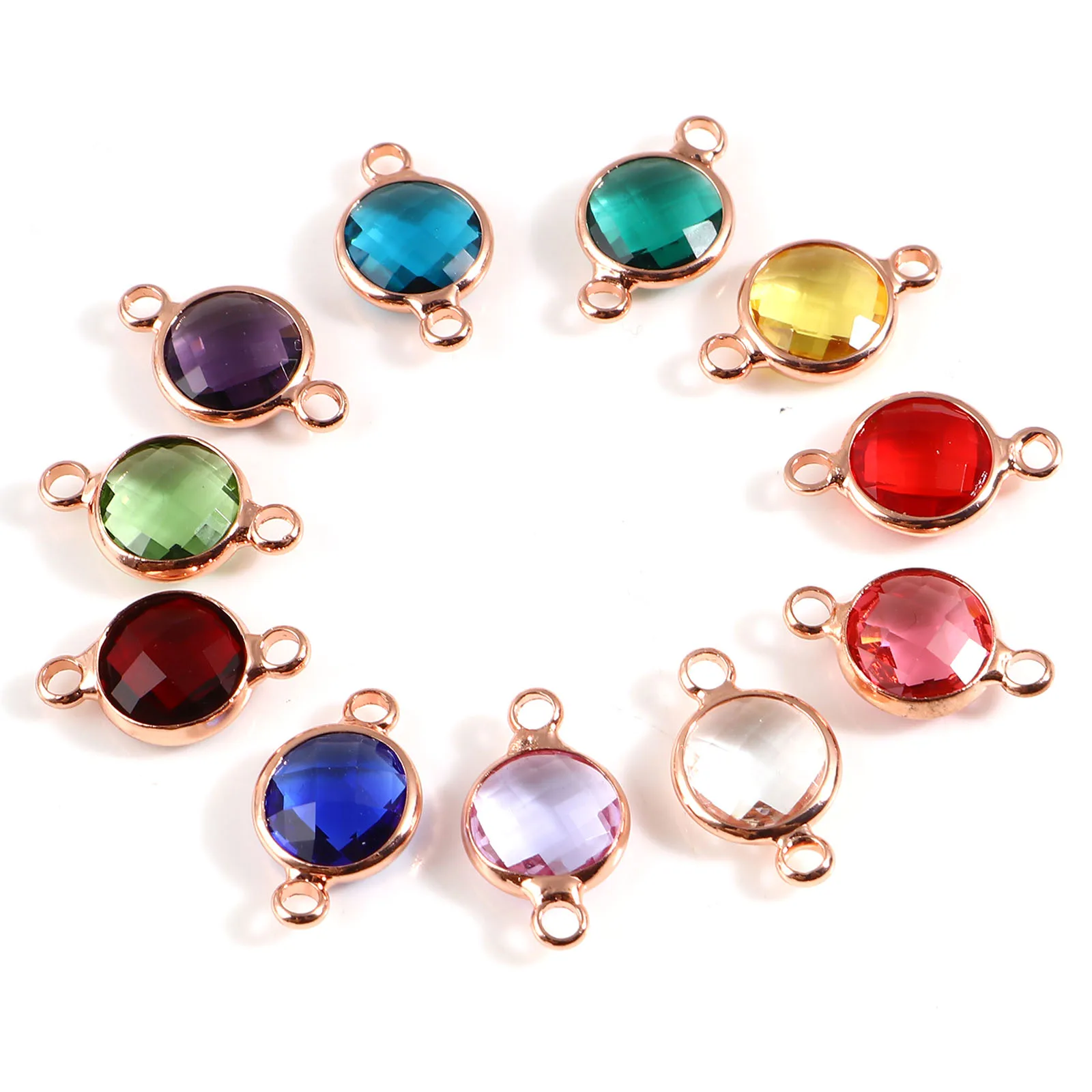 5PCs Copper Glass Birthstone Connectors Rose Gold Color Round Faceted Charms DIY Making Necklace Bracelets Jewelry Findings