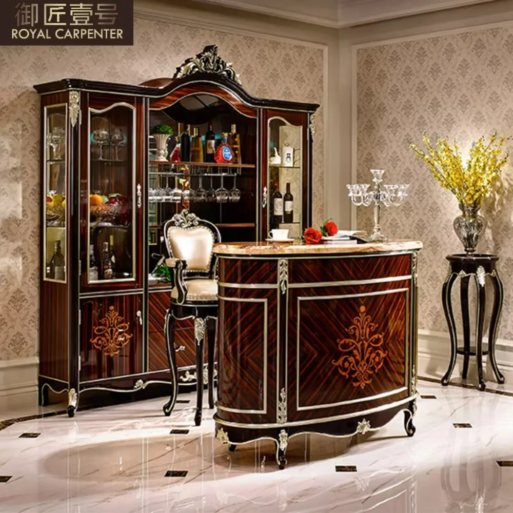 

Custom Marble Bar Table Set for Large Apartment Villa Neoclassical Restaurant Furniture Solid Wood Art Furniture Bar Counter
