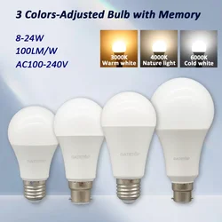 1-20pcs LED 3 Color adjusted Bulb AC110V 220V E27 B22 base Light Bulb 3CCT(3000K 4000K 6000K) Memory Function Color Temp Reset