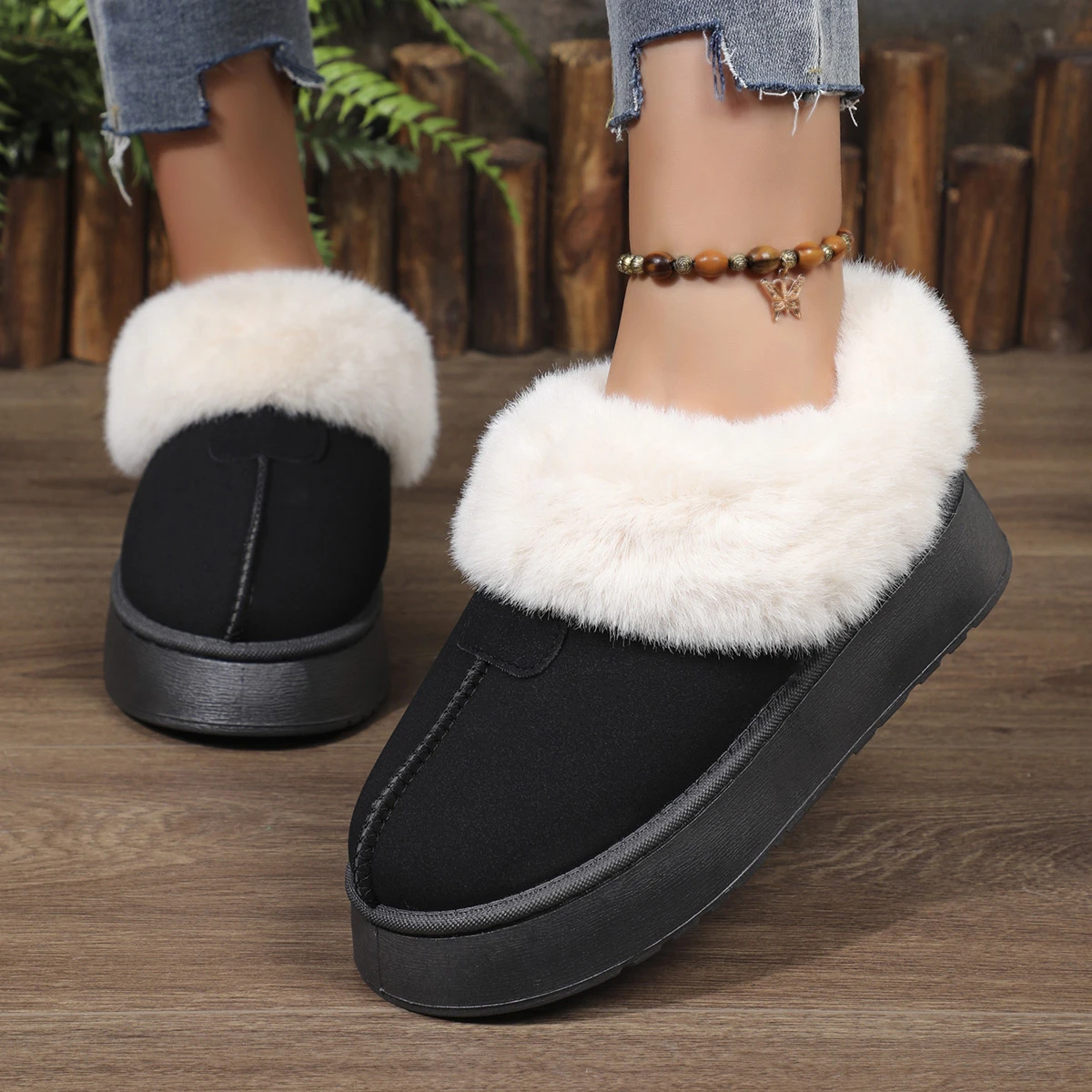 Winter Warm Thicken Plush Cotton Slippers Women Platform Boots Flat Ankle Boots Black Fur Slippers Woman Faux Suede Fluffy Shoes