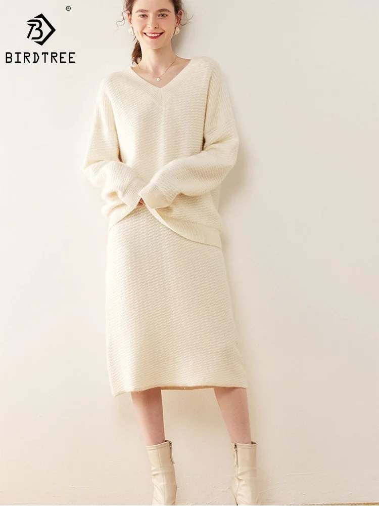 BirdTree Wool Cashmere Sweater Skirt Set, Women's V Neck Solid Color Loose, Fashion Elegant Knit Suit, 2024 Spring New S41028QM