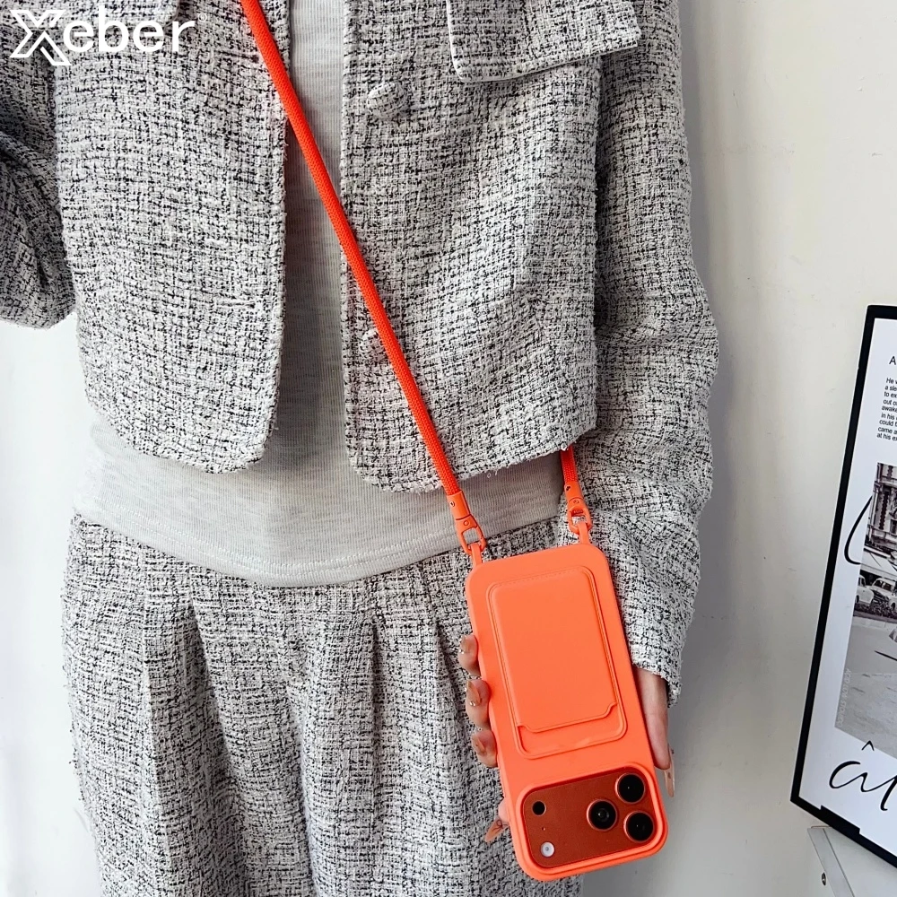 Aktivitäts-Verriegelungsverschluss, Lanyard-Kordel-Hülle für iPhone 17 Pro Max 16 15 14 13 12 11 Pro Max, flüssiges Silikon, Slot-Karten-Brieftaschen-Abdeckung