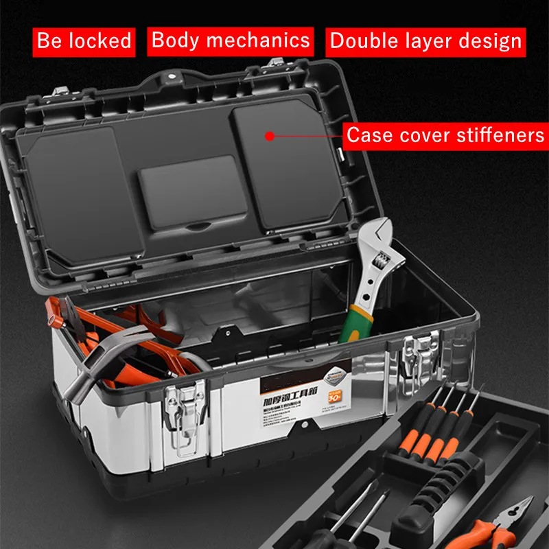 14/17in Tool Box Double Layer Hardware Storage ToolBox Stainless steel Tool box Metal Suitcase for Tools Portable Tool Organizer