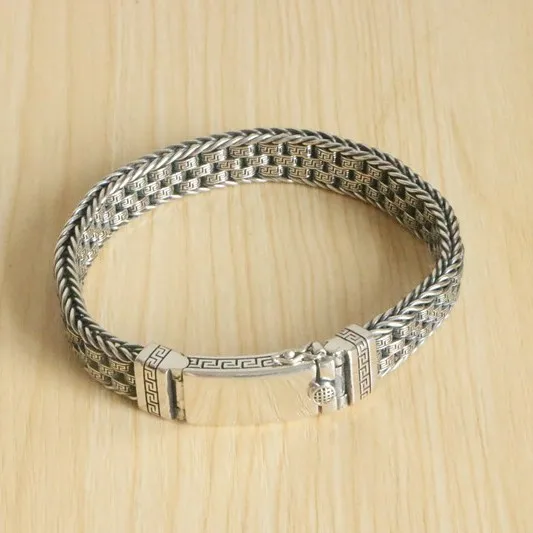 

Powerful and Wealthy Men's 925 Pure Silver Weaving Bracelet Retro National Style Brand Ethnic Style Personalized Jewelry