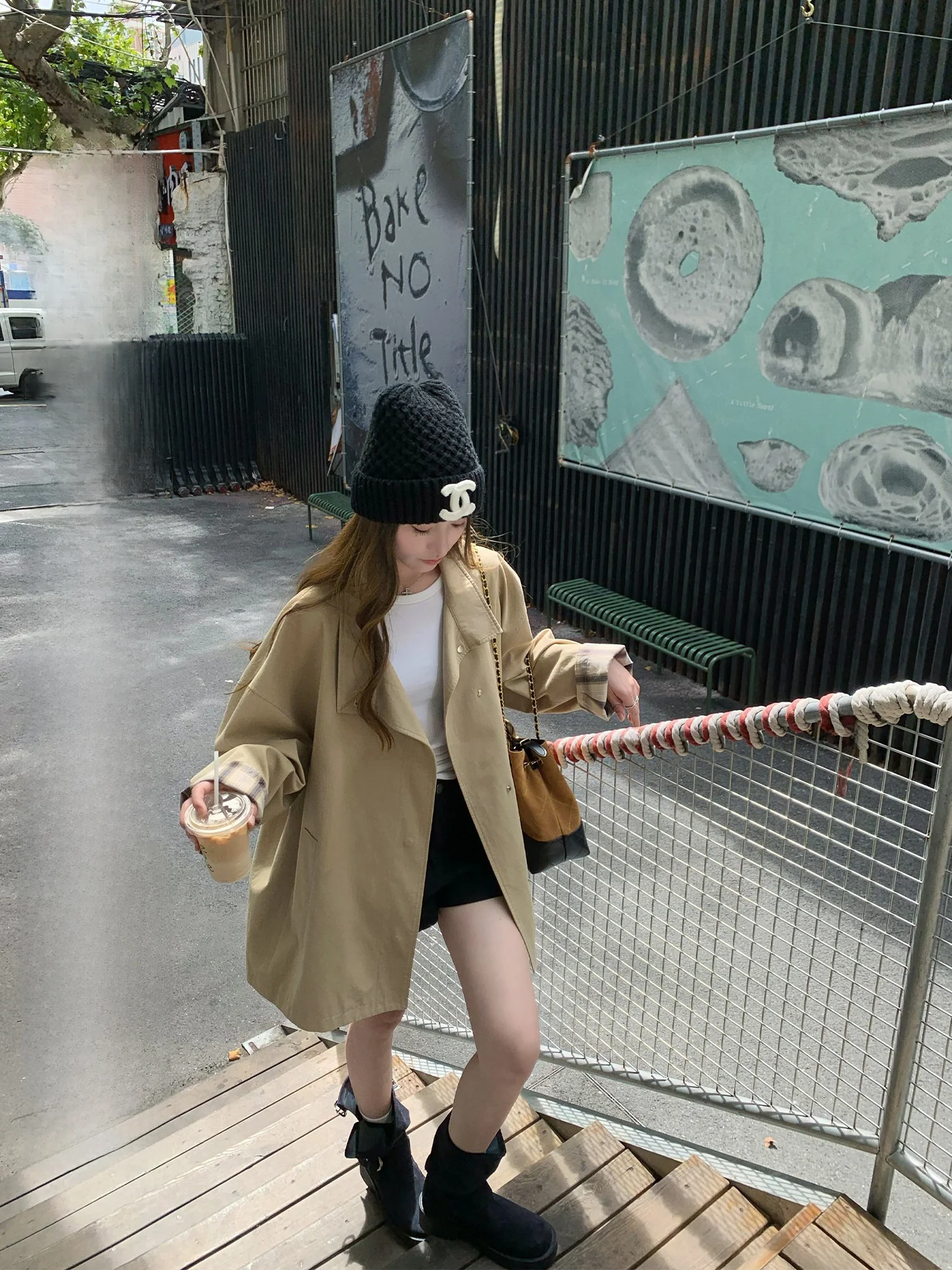 

Khaki Spliced Mid-Length Women's Coat Paris Wed ape Slimming High-End Feel Commute Sle Long Sve Pure Color Outerwear