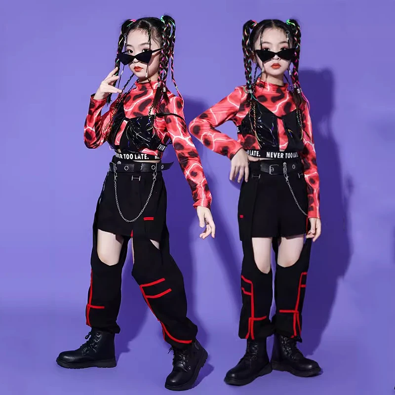 Disfraz de baile de Jazz de Hip Hop para niñas, Tops cortos de manga larga, pantalones negros, trajes de baile callejero, ropa de rendimiento Kpop, BL11387