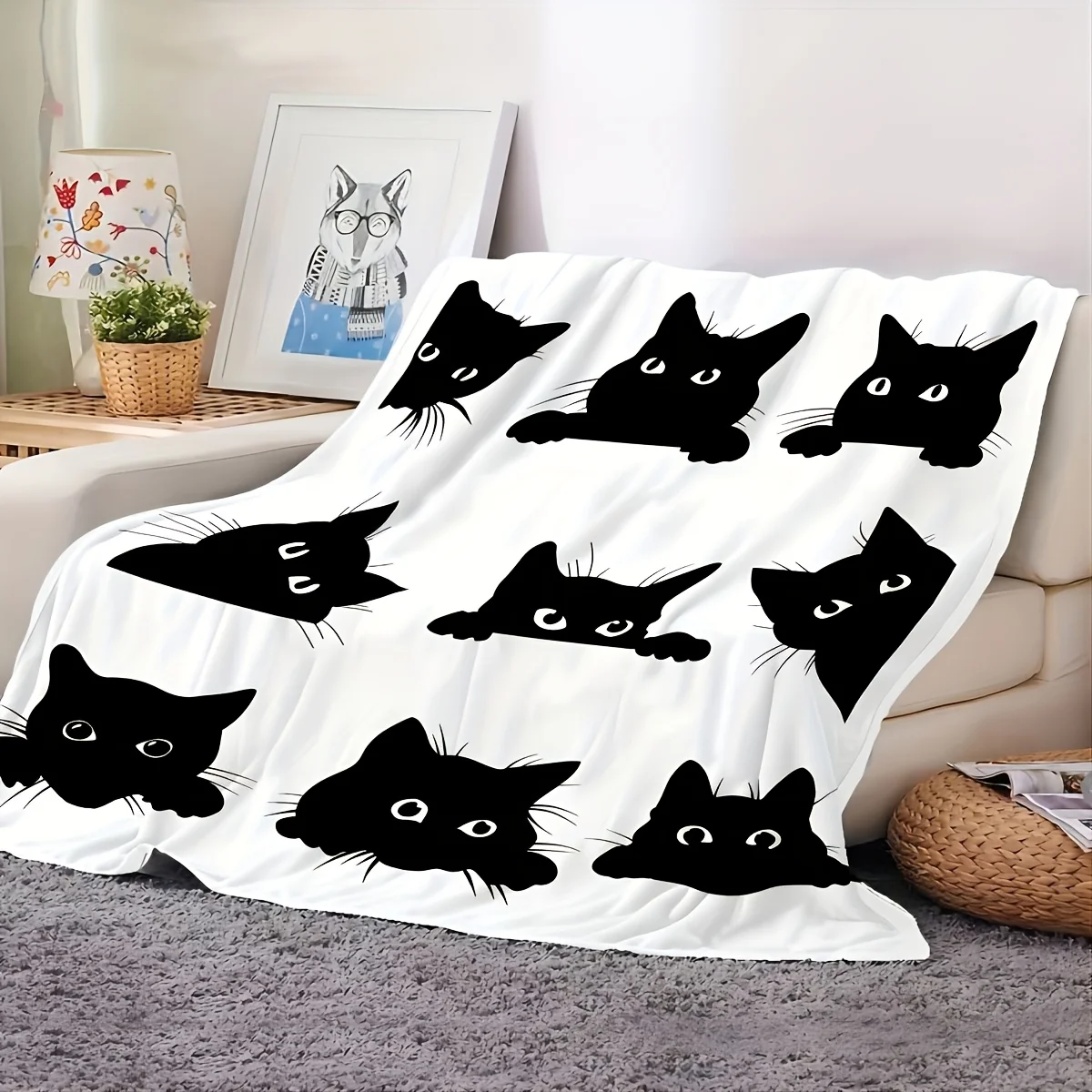 Cute Peeking Black Cat Blanket  Minimalist Sneaky Kitten Silhouette Flannel Throw Blanket Modern Cat Lover Home Decoration