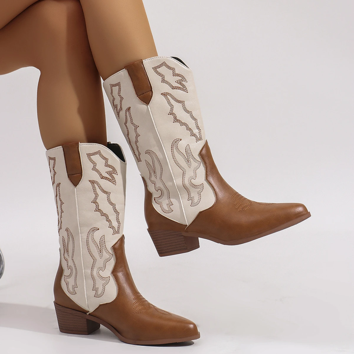 Plus Size 43 Winter White Mid Calf Boots Retro Brown Cowboy Boots Women Fall Pointy Toe Embroidery Cowgirl Booties Shoes