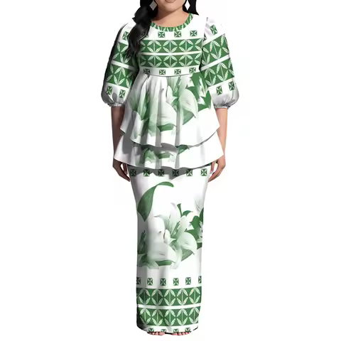 Pacific Art Island Retro Pattern Puletasi Floor-Length Dress Hawaiian Floral Print Cocktail Party Fiji Women'S Evening Dress Set
