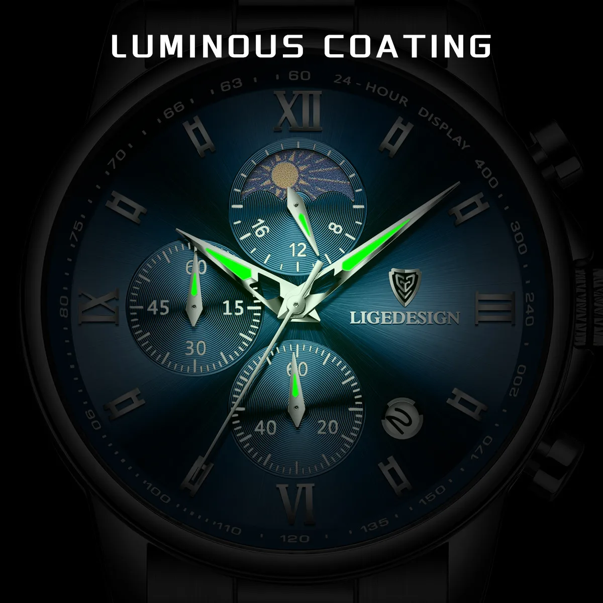 LIGE Orologio al quarzo da uomo di lusso Moda fasi lunari Orologi da uomo d'affari Orologio cronografo da uomo impermeabile in acciaio inossidabile