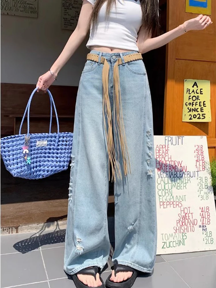 

High waisted loose washed ripped straight leg jeans women's summer 2025 new fashion design versatile wide leg pants
