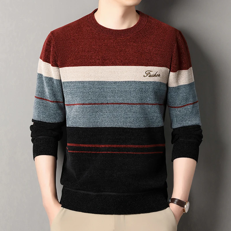 Men\'s Lapel Sweater Fashion Striped Knitted Pullovers Autumn Winter Fleece Lined Knitwear Thickened Jumpers New Jersey