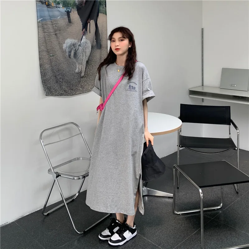 Fashionable Loose Women's Dress Korean Round Neck Simple Slit Over-knee Letters T-shirt Skirt Lazy Style Summer Long Dress 2025