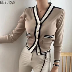 2025 Spring Autumn Striped Sweater Women Korean Fashion V-neck Slim Fit Long-sleeved Crop Top Knitted Cardigan Jacket Women Y2k
