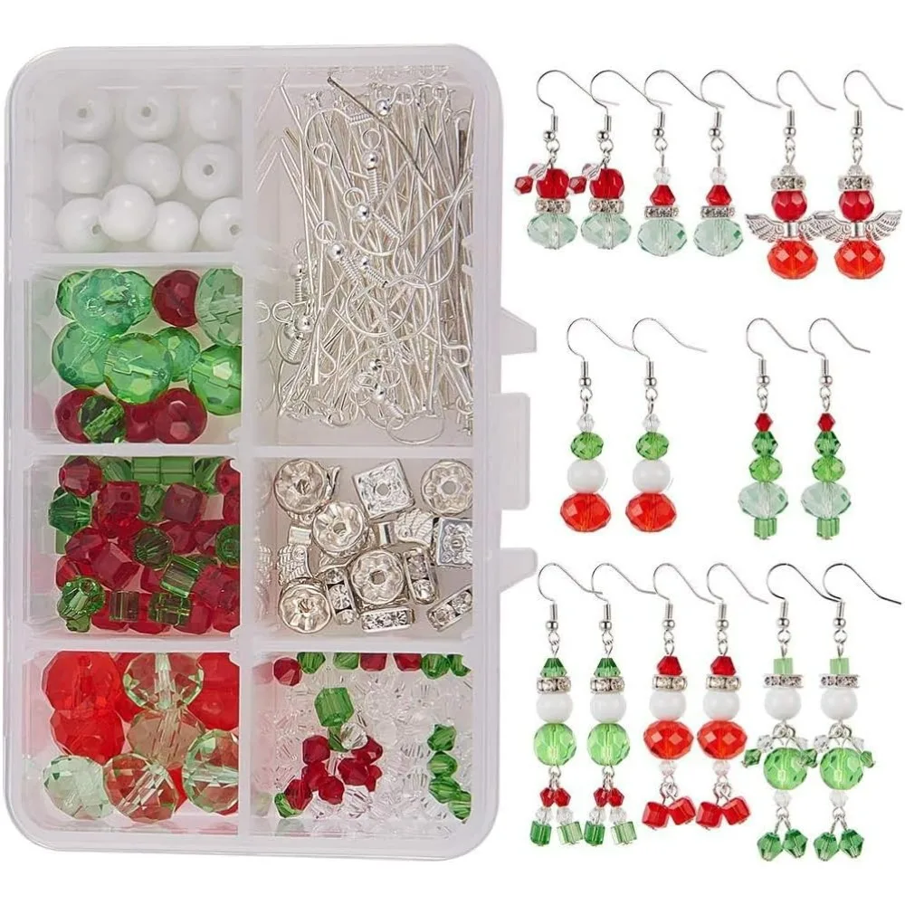 1 Box DIY Make 8 Pairs Christmas Crystal Bead Dangle Earring Making Kits White Snowman Red Angel Glass Bead Xmas Tree Dangle