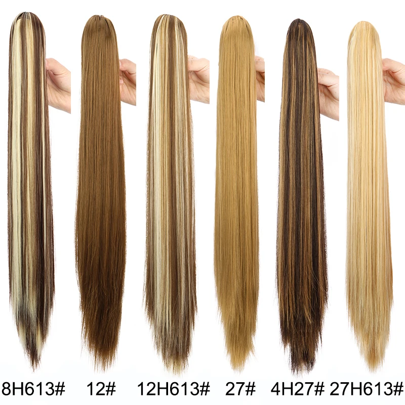 Extensiones de Cabello Sintético Largo Liso de 24 Pulgadas con Clip de Cola de Caballo, Resistentes al Calor, Rubio y Negro para Mujer 3