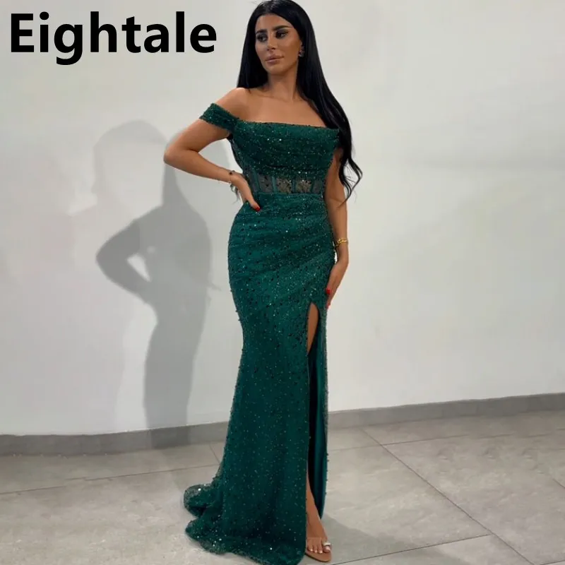 Eightale 2024 Dark Green Sequin Evening Dresses For Wedding Party Off Shoulder Mermaid Formal Prom Dress Dubai Party Gown