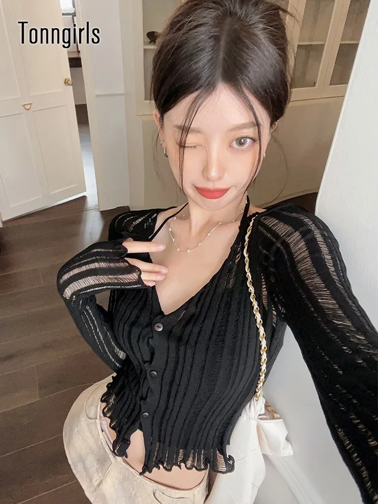 Tonngirls Harajuku T Shirt Women Long Sleeve Hollow Out Knitted Cardigan Fairycore Tee Tops Autumn 2000s American Retro Tops