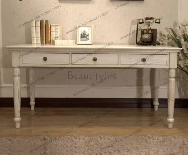 

American country retro old white solid wood desk French office desk writing desk