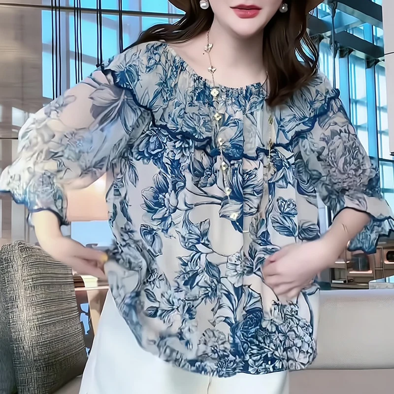 Chiffon Women\'s Shirt Summer Prints Vintage Blouses Loose Short Sleeve Women Tops O-neck Fashion Clothing 2024 Korean