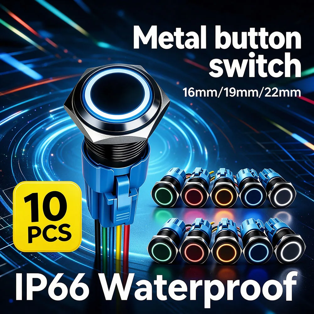10 szt. Metalowy przyciskowy przełącznik 12V 16mm 19mm 22mm Czarna lampa pierścieniowa Wodoodporny LED Samozatrzaskowy Przycisk Resetujący Przełącznik Startowy Samochodu 5V Niebieski