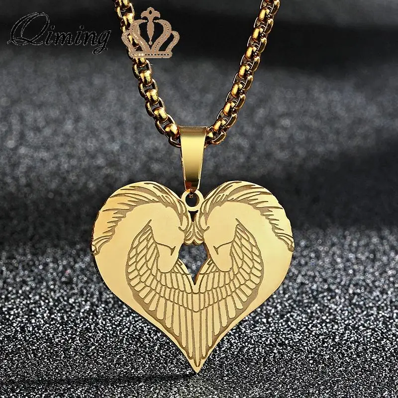 Love Heaet Horse Head Pendant Necklace For Men Women Stainless Steel Twin Pegasus Necklace Mythology Black Friday Jewelry