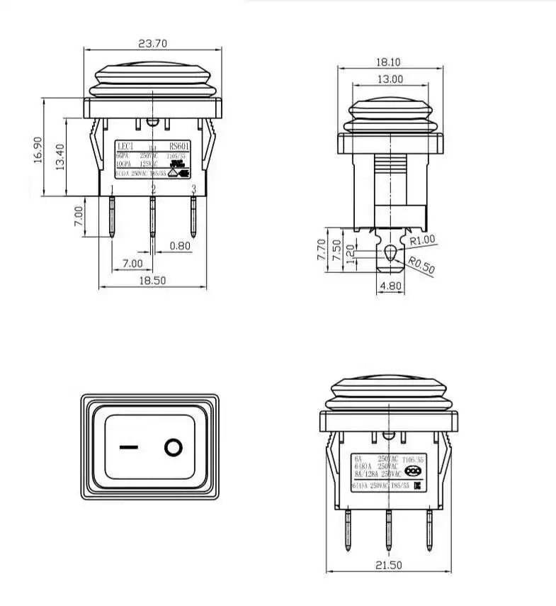 RS601 T105 / 55 3 Pin Second Gear 6A 8A 250V IP66 Waterproof ON OFF With Led Rocker Switch For Home Appliance