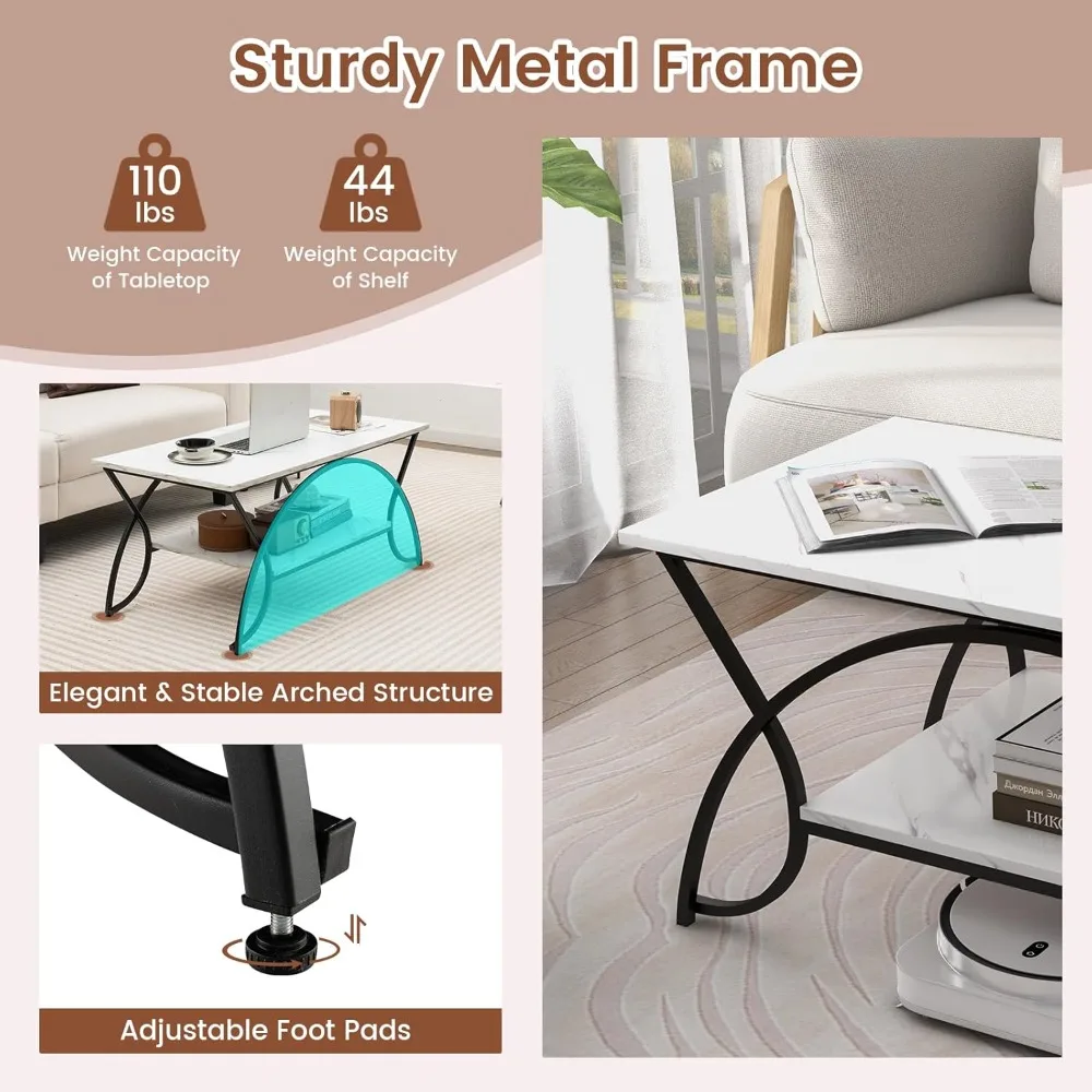 2-Tier Rectangular Coffee Table, Faux Marble Table with Open Storage Shelf, Black Finished Metal Frame, Modern Center Ta