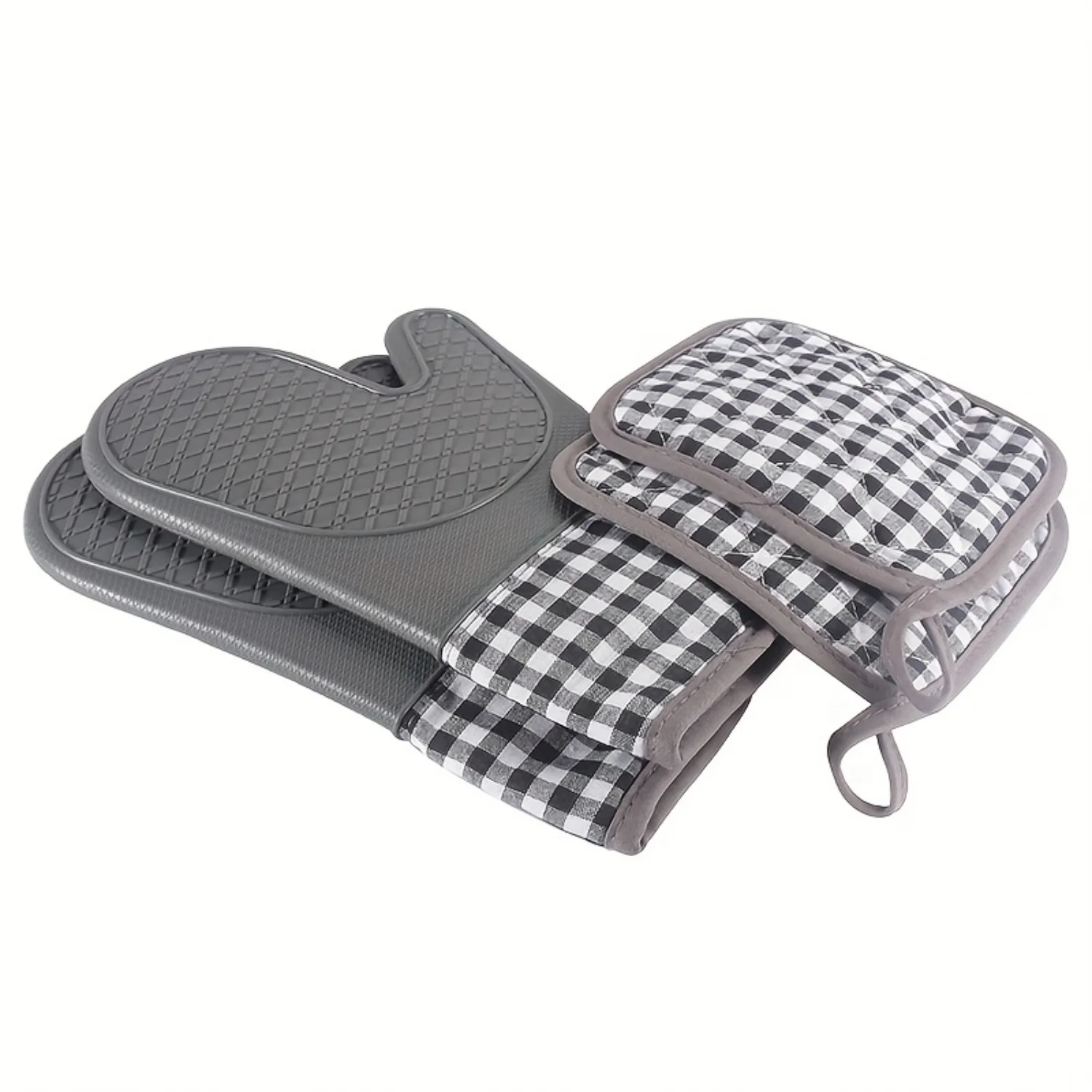 

4 Sets Silicone Oven Gloves & Pot Holders, Heat-Resistant Backing, Thick Insulation, Baking & BBQ Gloves, Accessories
