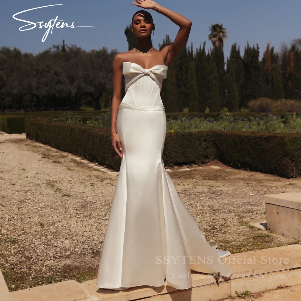 

SSYTENS Modern Mermaid Wedding Dresses Bow Strapless Open Back Satin Bridal Gowns With Long Train Vestidos De Novia Customized