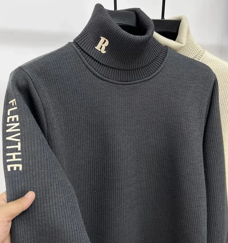 

High end brand trend letter embroidery knitted sweater men's autumn winter new plush thickened casual warm high collar pullover