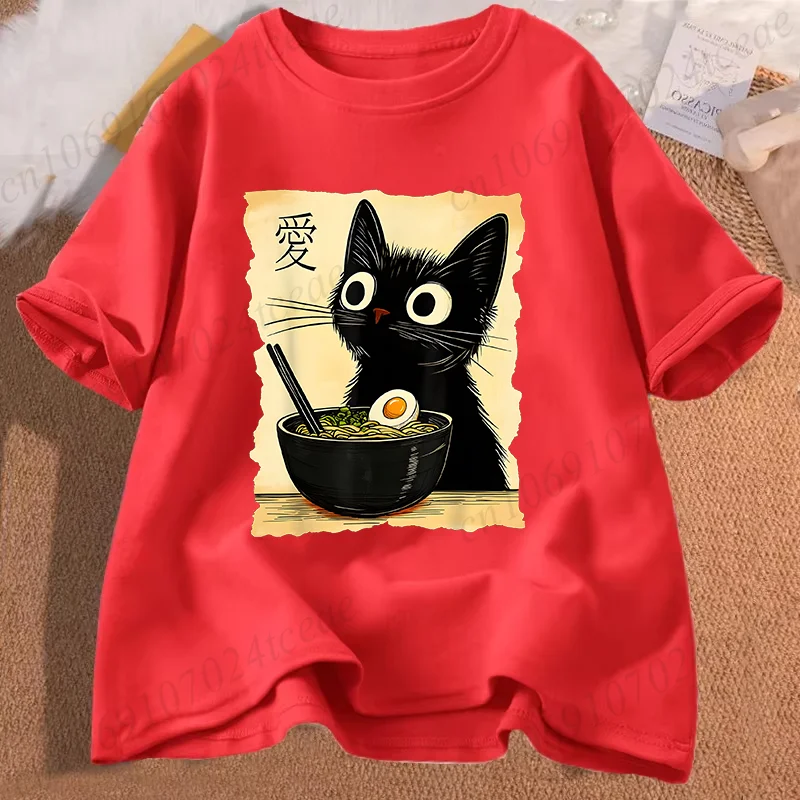 Funny Cat Ramen Graphic Tee Japanese Kawaii Anime Cat T-Shirt Fashion T-shirts Short Sleeve Clothes Trend Casual Unisex Tshirts