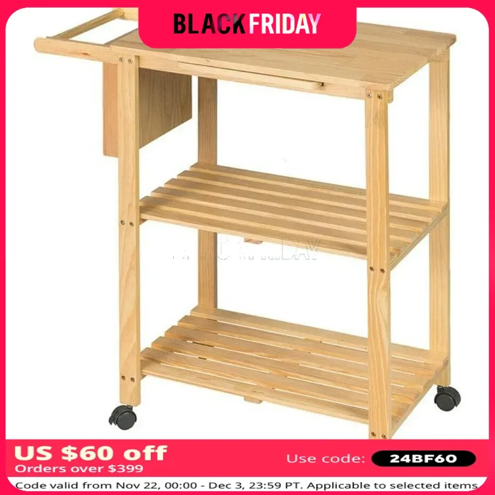 Wooden Kitchen Trolley Cart Utility Serving Island Dish Shelf Workstation w/Knife Rack Pine Wood Frame 31.5 x 15.7 x 33.2 of Set